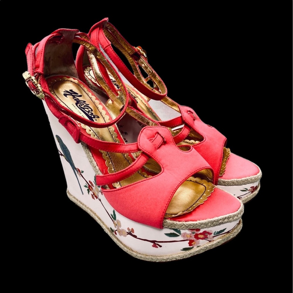 ❣️1X Host Pick👠Hale Bob Painted Red Floral Wedges in Size 8